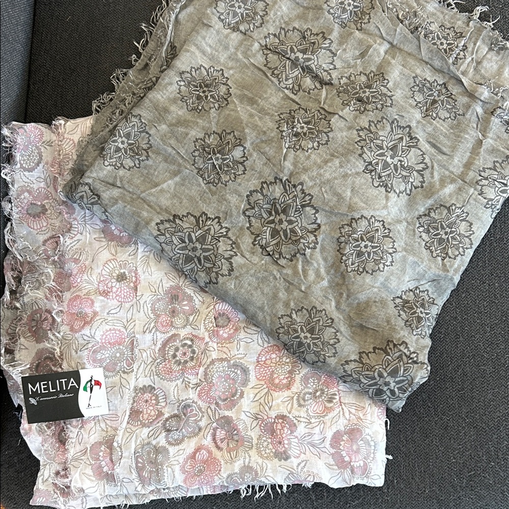 (2) Made in Italy - Melita Floral Lightweight Scarf Set — Pink & Gray